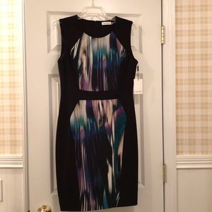 Calvin Klein sleeveless, black/multi color dress.